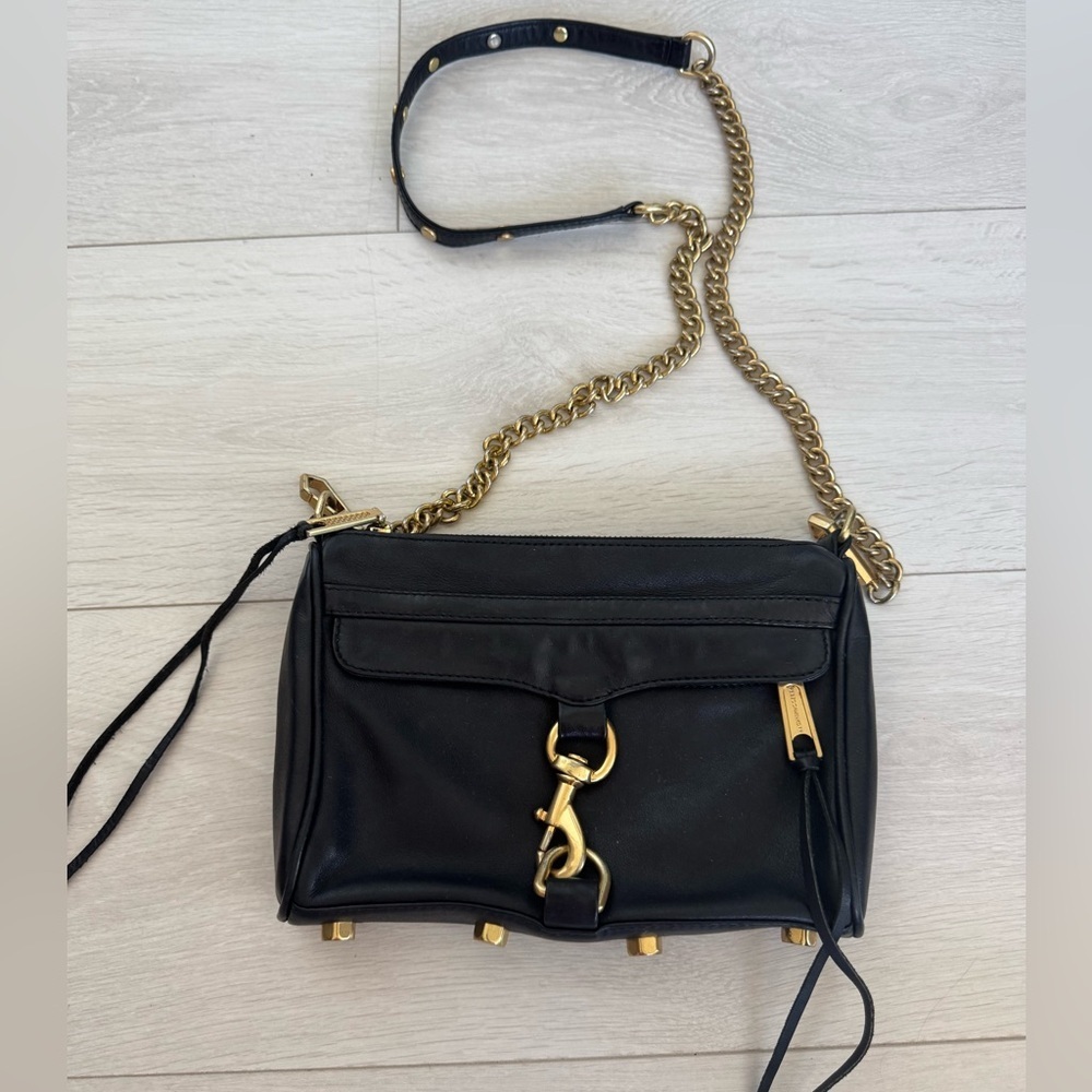Rebecca Minkoff Black Leather Mini MAC Crossbody Bag Gold Tone Hardware - Picture 2 of 13